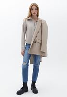 Bayan Bej Fermuarlı Dik Yaka Kazak