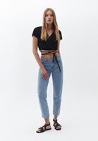 Bayan Siyah Belden Bağlamalı Crop Bluz