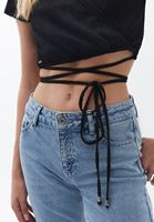 Bayan Siyah Belden Bağlamalı Crop Bluz