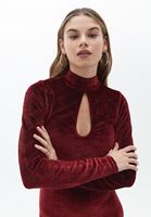 Bayan Bordo Cut-Out Detaylı Kadife Elbise