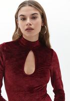 Bayan Bordo Cut-Out Detaylı Kadife Elbise