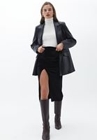 Bayan Siyah Yırtmaçlı Kadife Midi Etek