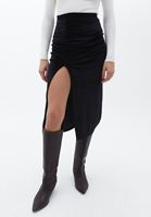 Bayan Siyah Yırtmaçlı Kadife Midi Etek