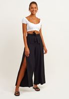 Bayan Siyah Yırtmaç Detaylı Wide-Leg Pantolon