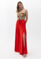Bayan Kırmızı Yırtmaç Detaylı Wide-Leg Pantolon