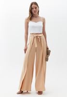 Bayan Bej Yırtmaç Detaylı Wide-Leg Pantolon