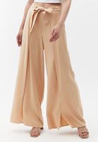 Bayan Bej Yırtmaç Detaylı Wide-Leg Pantolon