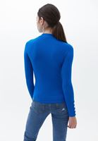 Bayan Mavi Düğme Detaylı Uzun Kollu Tişört