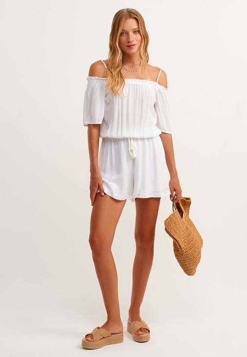 Beyaz Yakası Büzgülü Kısa Tulum