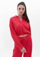 Bayan Pembe Polo Yaka Crop Tişört