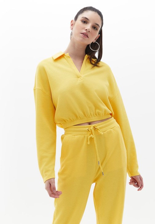 Sarı Polo Yaka Crop Tişört
