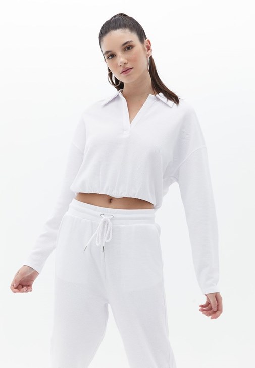 Beyaz Polo Yaka Crop Tişört