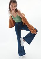 Bayan Mavi Yüksek Bel Flare Denim Pantolon