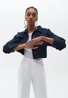 Bayan Lacivert Cep Detaylı Crop Ceket ( TENCEL™ )