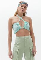 Bayan Yeşil Boyundan Bağlamalı Crop Top