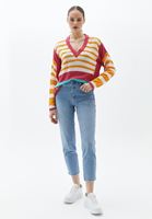 Bayan Çok Renkli Çizgili V Yaka Triko Kazak