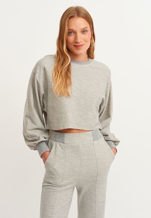 Gri Balon Kollu Crop Sweatshirt