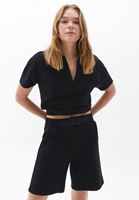 Bayan Siyah Polo Yaka Sweatshirt