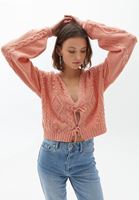 Bayan Pembe Örgü Detaylı Triko Hırka