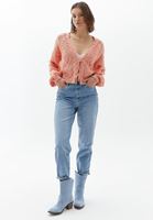 Bayan Pembe Örgü Detaylı Triko Hırka