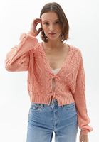 Bayan Pembe Örgü Detaylı Triko Hırka