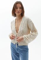 Bayan Krem Örgü Detaylı Triko Hırka