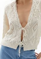 Bayan Krem Örgü Detaylı Triko Hırka