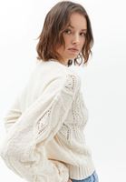 Bayan Krem Örgü Detaylı Triko Hırka