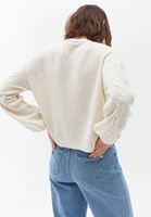 Bayan Krem Örgü Detaylı Triko Hırka