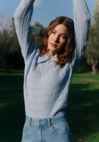 Bayan Gök Mavisi Yaka Detaylı Triko Kazak