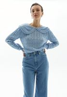 Bayan Gök Mavisi Yaka Detaylı Triko Kazak