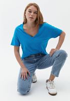 Bayan Mavi V Yaka Oversize Tişört