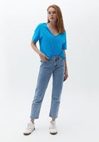 Bayan Mavi V Yaka Oversize Tişört