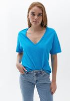 Bayan Mavi V Yaka Oversize Tişört