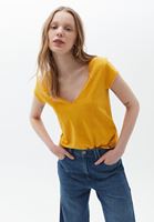 Women Yellow V Neck Short Sleeve Tshirt