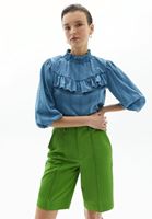 Bayan Mavi Yüksek Yaka Volanlı Bluz