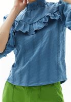 Bayan Mavi Yüksek Yaka Volanlı Bluz