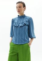 Bayan Mavi Yüksek Yaka Volanlı Bluz