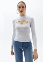 Bayan Beyaz Cut-Out Detaylı Uzun Kollu Tişört