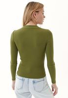 Bayan Yeşil Sıfır Yaka Uzun Kollu Tişört