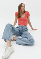 Bayan Pembe Pamuklu U Yaka Tişört