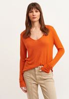 Bayan Turuncu Sırtı Ajurlu Keten V Yaka Kazak