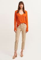 Bayan Turuncu Sırtı Ajurlu Keten V Yaka Kazak