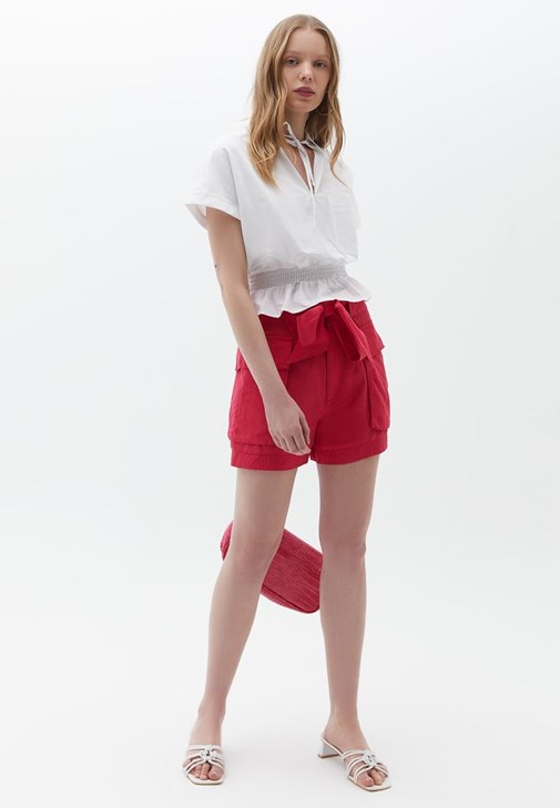 Pembe Keten Karışımlı Kemerli Şort