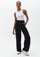 Bayan Siyah Keten Wide-Leg Pantolon