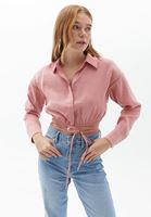 Bayan Pembe Beli Bağlamalı Crop Gömlek 