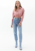 Bayan Pembe Beli Bağlamalı Crop Gömlek 