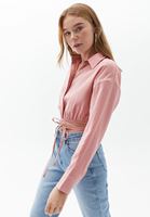 Bayan Pembe Beli Bağlamalı Crop Gömlek 