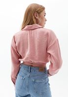 Bayan Pembe Beli Bağlamalı Crop Gömlek 