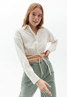 Bayan Krem Beli Bağlamalı Crop Gömlek 